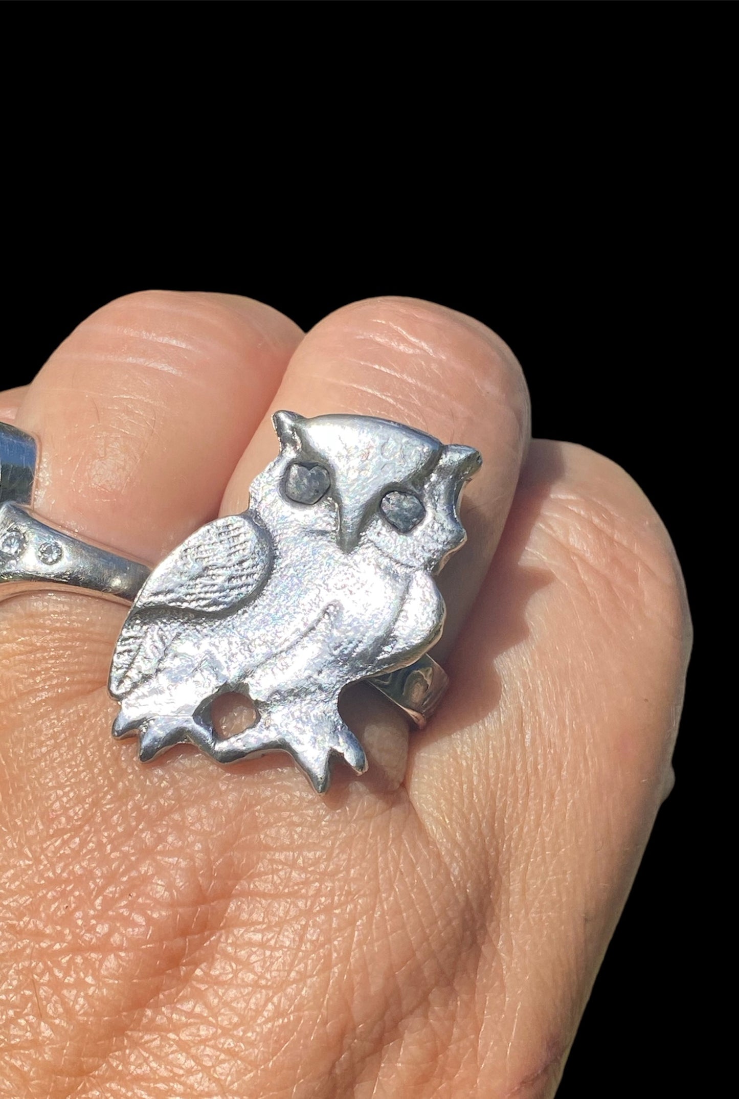 Unique Handcrafted Owl Ring with Raw Queensland Sapphire Eyes - Sand Casting Sterling Silver