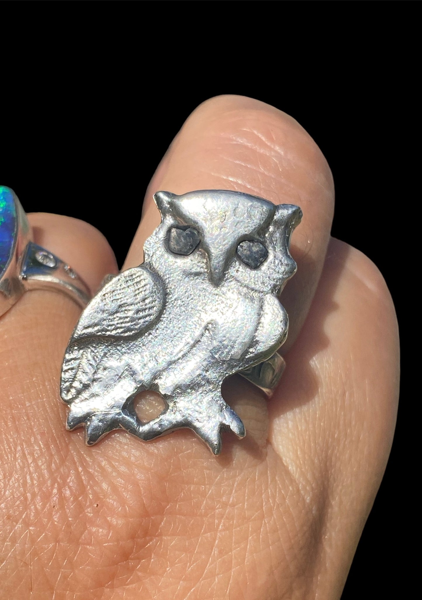 Unique Handcrafted Owl Ring with Raw Queensland Sapphire Eyes - Sand Casting Sterling Silver