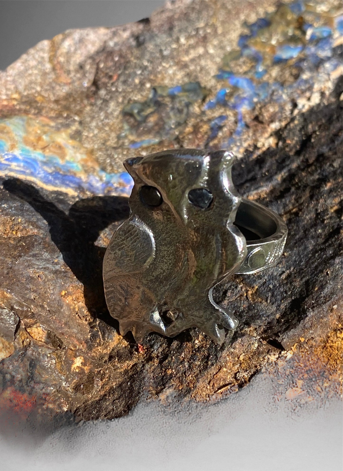 Unique Handcrafted Owl Ring with Raw Queensland Sapphire Eyes - Sand Casting Sterling Silver