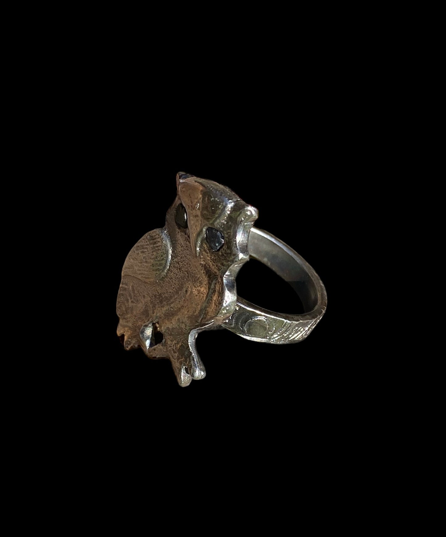Unique Handcrafted Owl Ring with Raw Queensland Sapphire Eyes - Sand Casting Sterling Silver