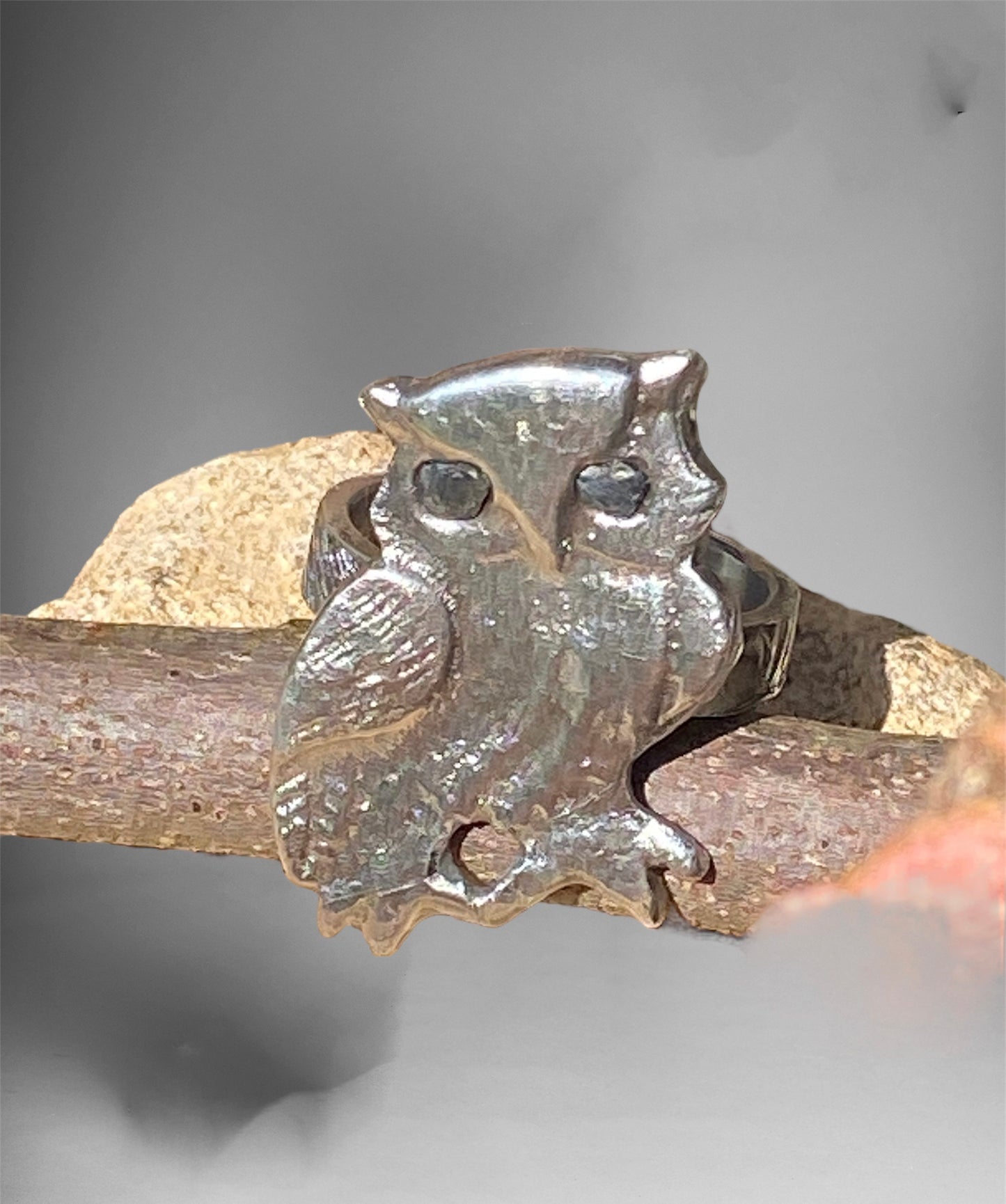Unique Handcrafted Owl Ring with Raw Queensland Sapphire Eyes - Sand Casting Sterling Silver