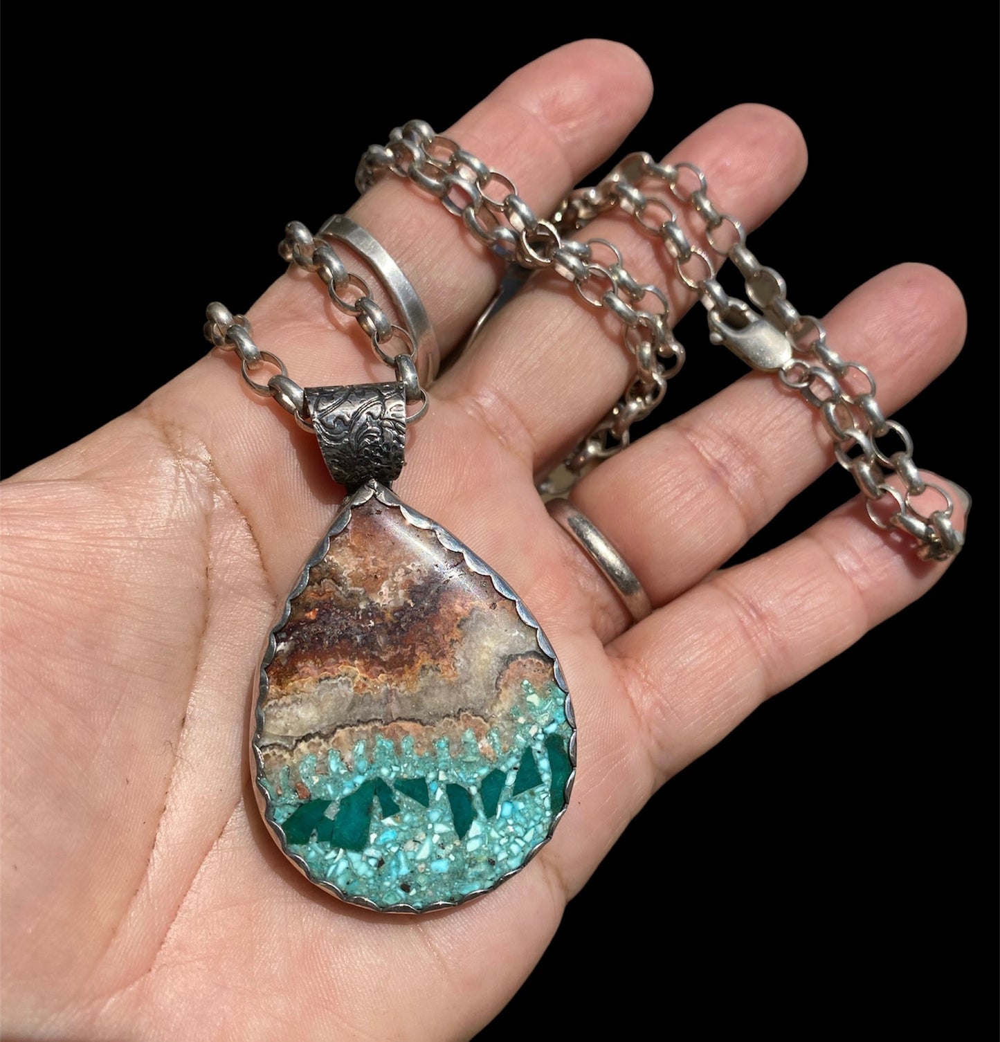 One-of-a-Kind Sterling Silver Bacon Opal & Turquoise Pendant Collector Statement Necklace