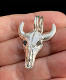 Sterling Silver Bull Skull Necklace, Silver Skull Buffalo, Longhorn skull Pendant.
