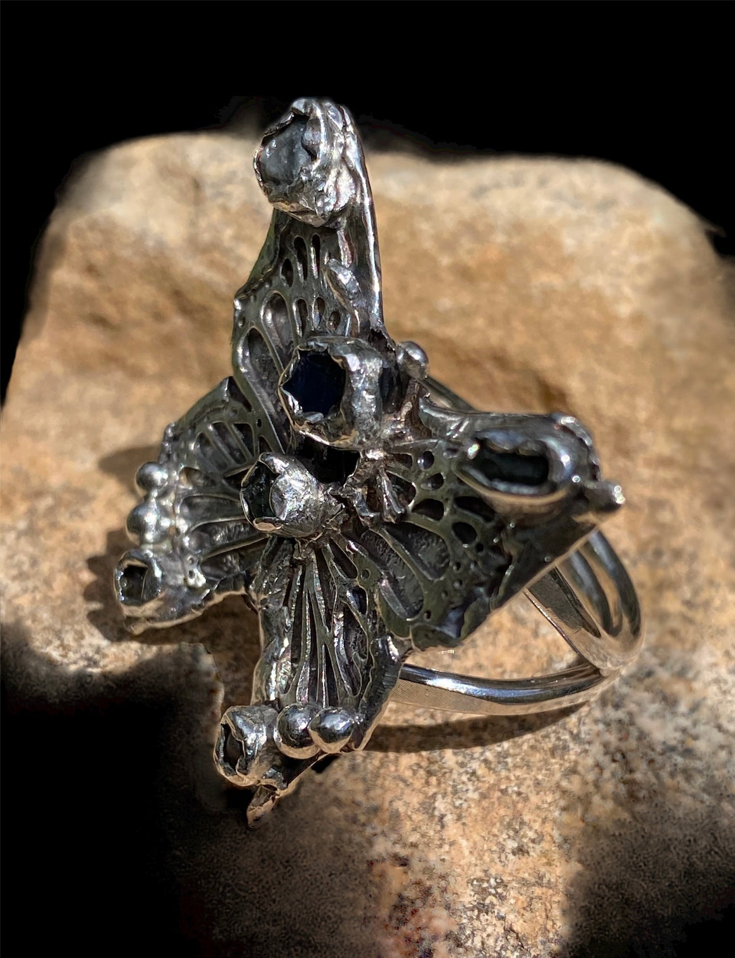 Handmade Butterfly and Raw Sapphire Ring sold