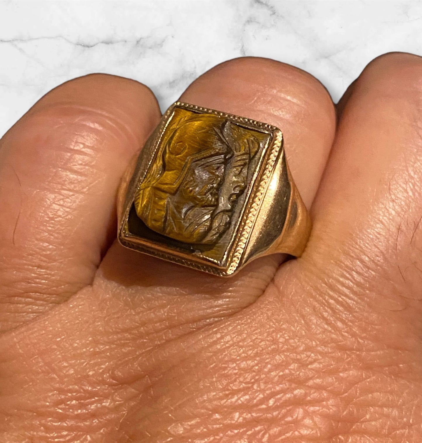 Vintage 10K Gold Tiger’s Eye Cameo Ring Napoleon & Josephine Size 10 Men’s Statement Ring