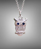 Handcrafted Sterling Silver Owl Pendant Necklace with Faceted Blue Sapphires