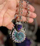 Handmade Black Ammonite Inlay Chrysocolla & Purple Jade with a Trillion Cut Amethyst Pendant