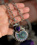 Handmade Black Ammonite Inlay Chrysocolla & Purple Jade with a Trillion Cut Amethyst Pendant