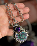 Handmade Black Ammonite Inlay Chrysocolla & Purple Jade with a Trillion Cut Amethyst Pendant