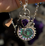 Handmade Black Ammonite Inlay Chrysocolla & Purple Jade with a Trillion Cut Amethyst Pendant