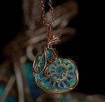 Hand Wrapped Copper Ammonite Inlaid with Chrysocolla & Malachite Pendant