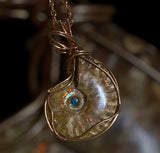 Hand Wrapped Copper Ammonite Inlaid with Chrysocolla & Malachite Pendant