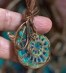 Hand Wrapped Copper Ammonite Inlaid with Chrysocolla & Malachite Pendant