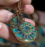 Hand Wrapped Copper Ammonite Inlaid with Chrysocolla & Malachite Pendant