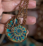 Hand Wrapped Copper Ammonite Inlaid with Chrysocolla & Malachite Pendant