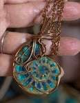 Hand Wrapped Copper Ammonite Inlaid with Chrysocolla & Malachite Pendant