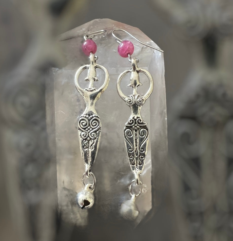Handcrafted Goddess with Sterling Silver Bells & Gemstone Bead Earrings