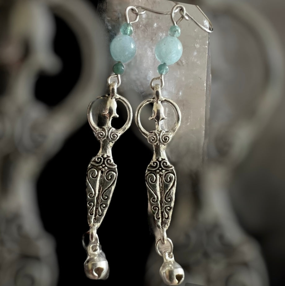 Handcrafted Goddess with Sterling Silver Bells & Gemstone Bead Earrings