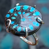 Handmade Sterling Silver Ammonite Inlaid with Sleeping Beauty Turquoise Ring