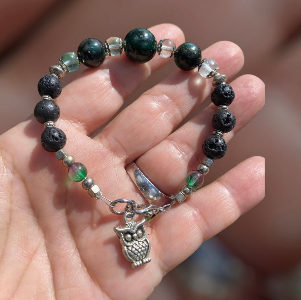 Emerald Bead, Lava stone and Prehnite Bracelet