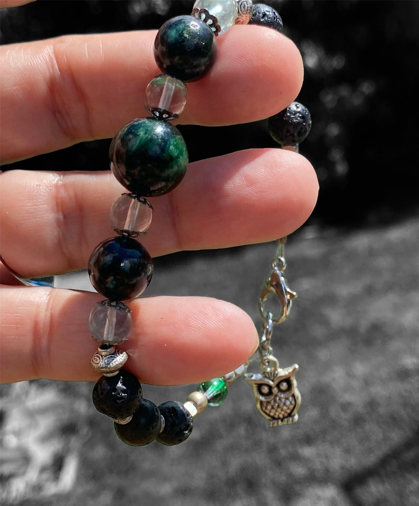 Emerald Bead, Lava stone and Prehnite Bracelet