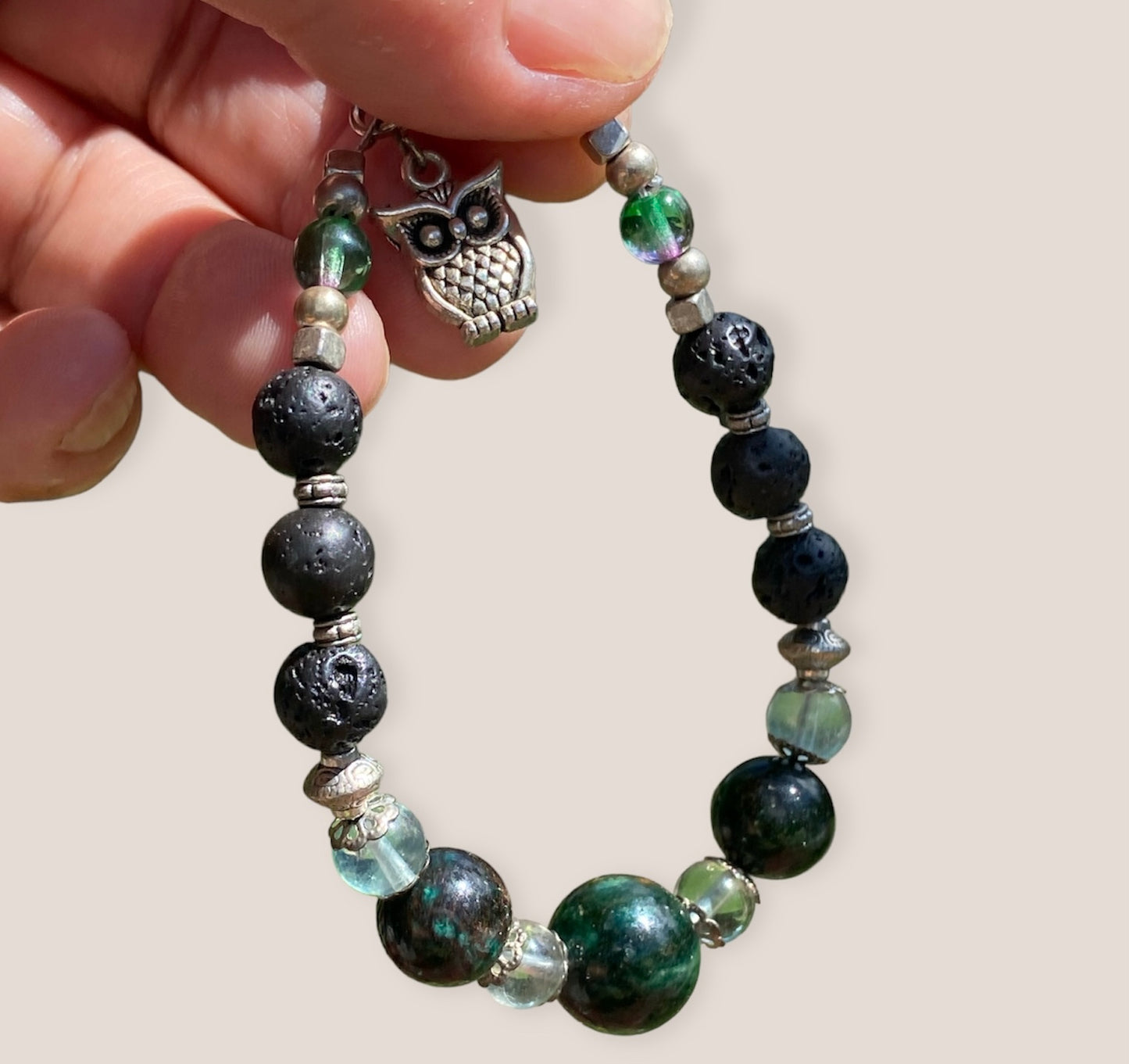 Emerald Bead, Lava stone and Prehnite Bracelet