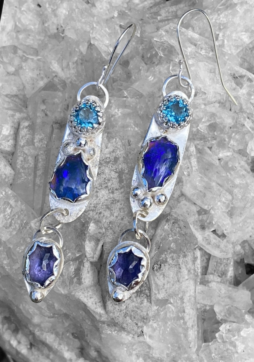 Custom Handmade Opal, Iolite and Blue Topaz Earrings sold