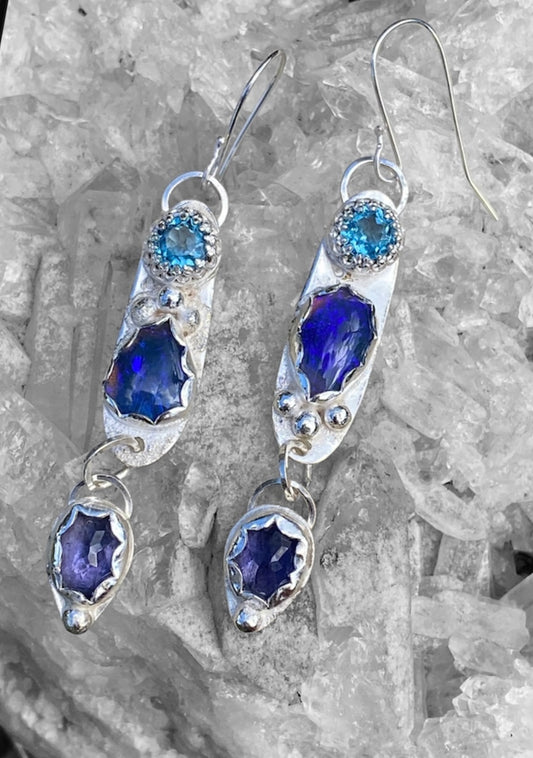 Custom Handmade Opal, Iolite and Blue Topaz Earrings sold