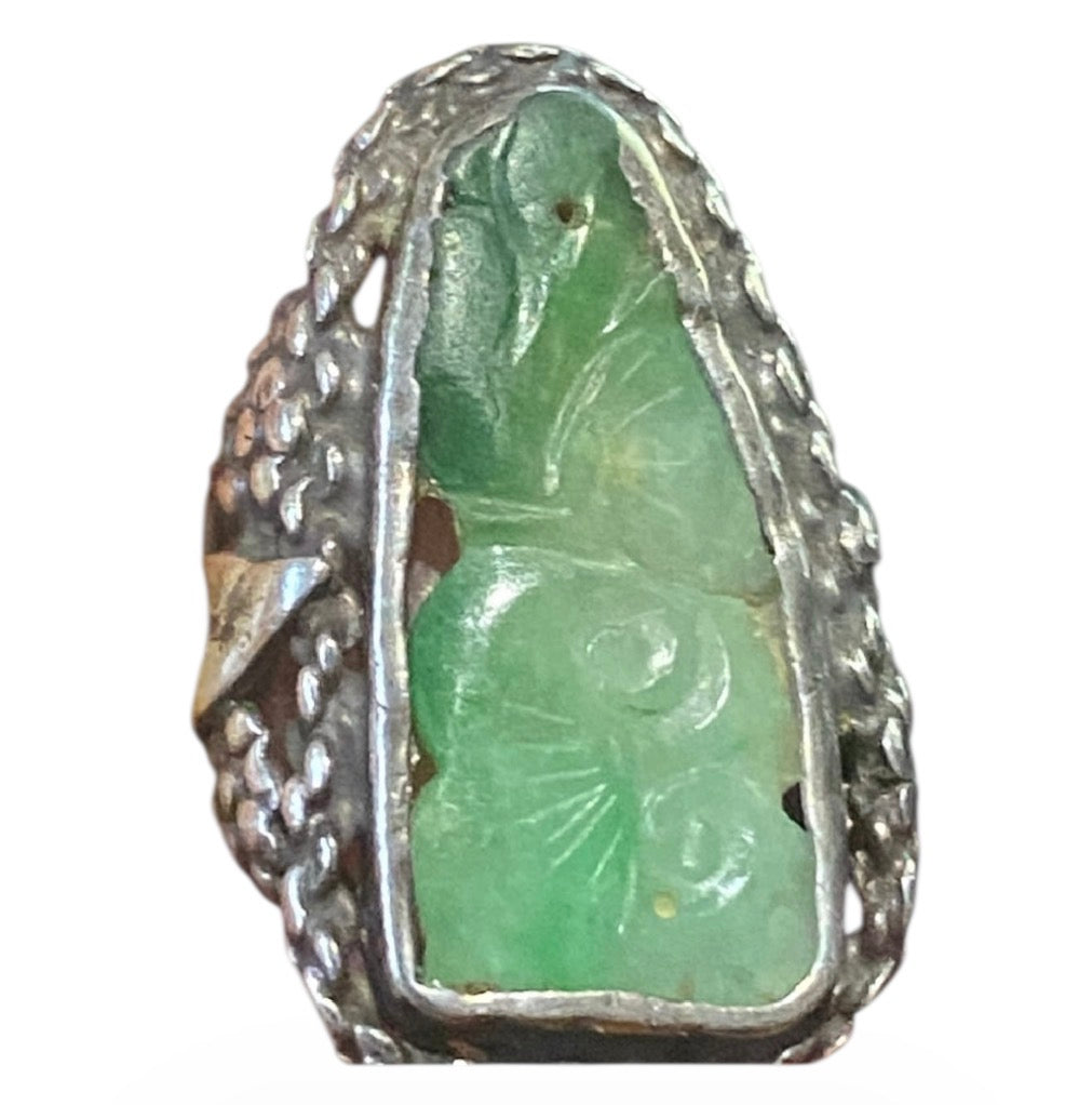 Vintage Chinese Export Silver Jade Ring Carved Stone Filigree Setting