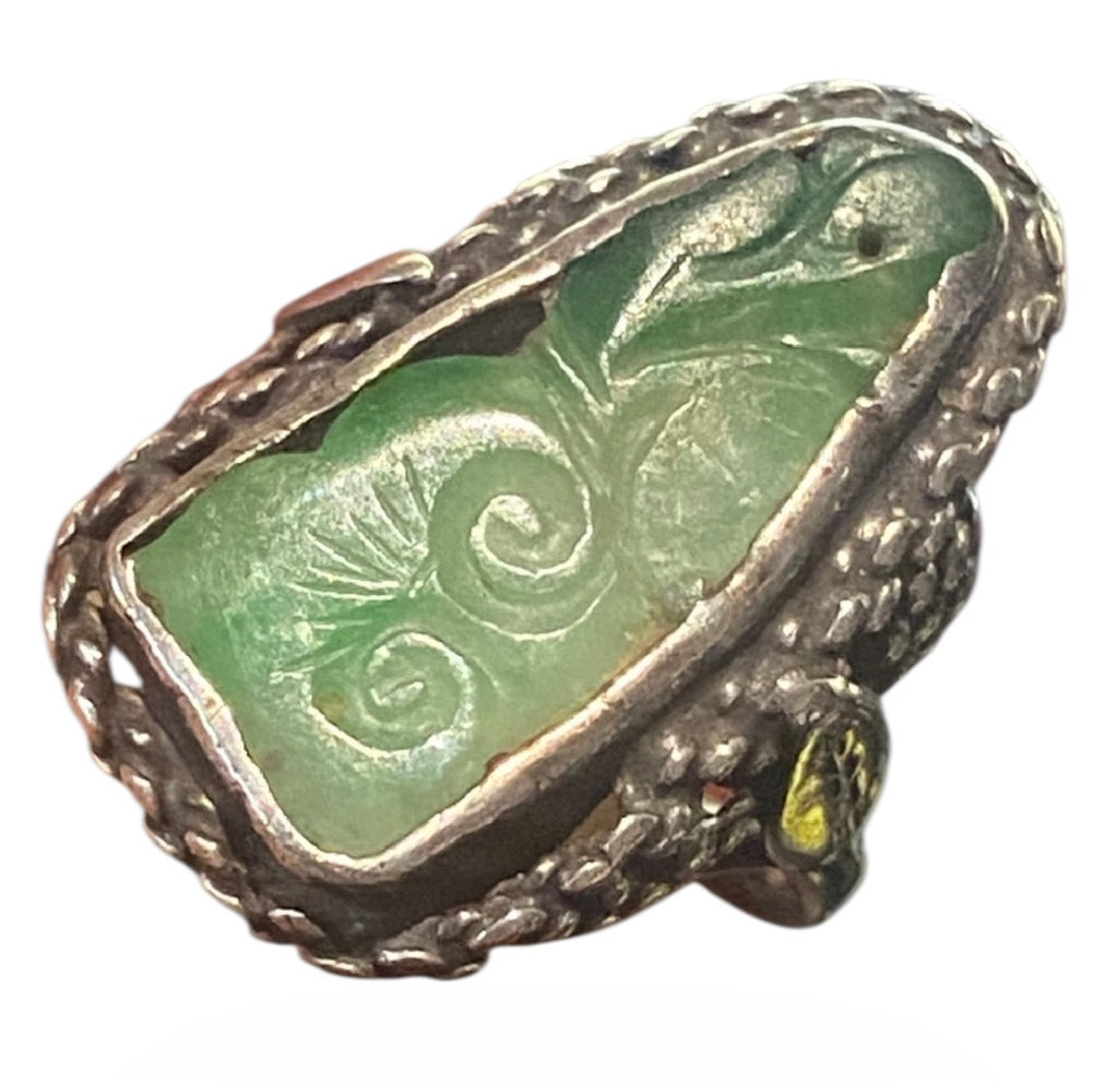 Vintage Chinese Export Silver Jade Ring Carved Stone Filigree Setting