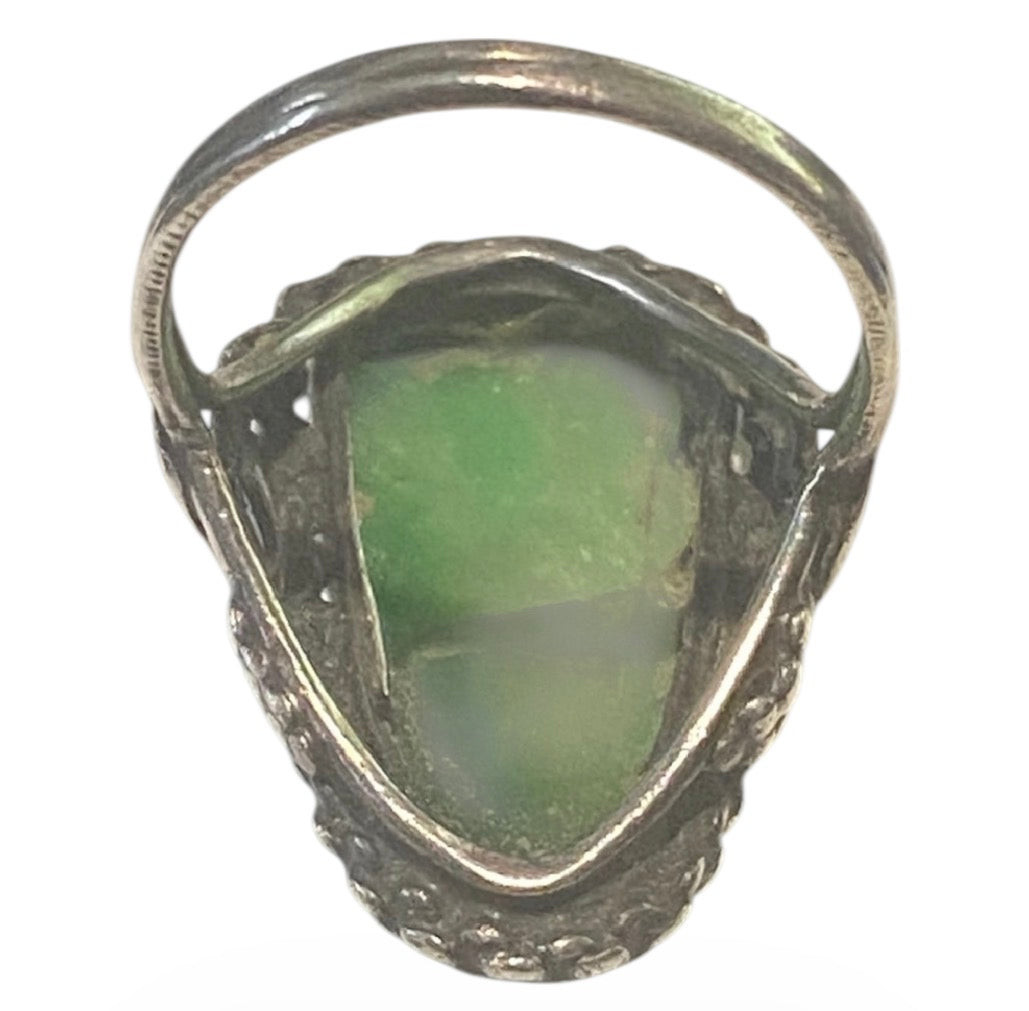 Vintage Chinese Export Silver Jade Ring Carved Stone Filigree Setting
