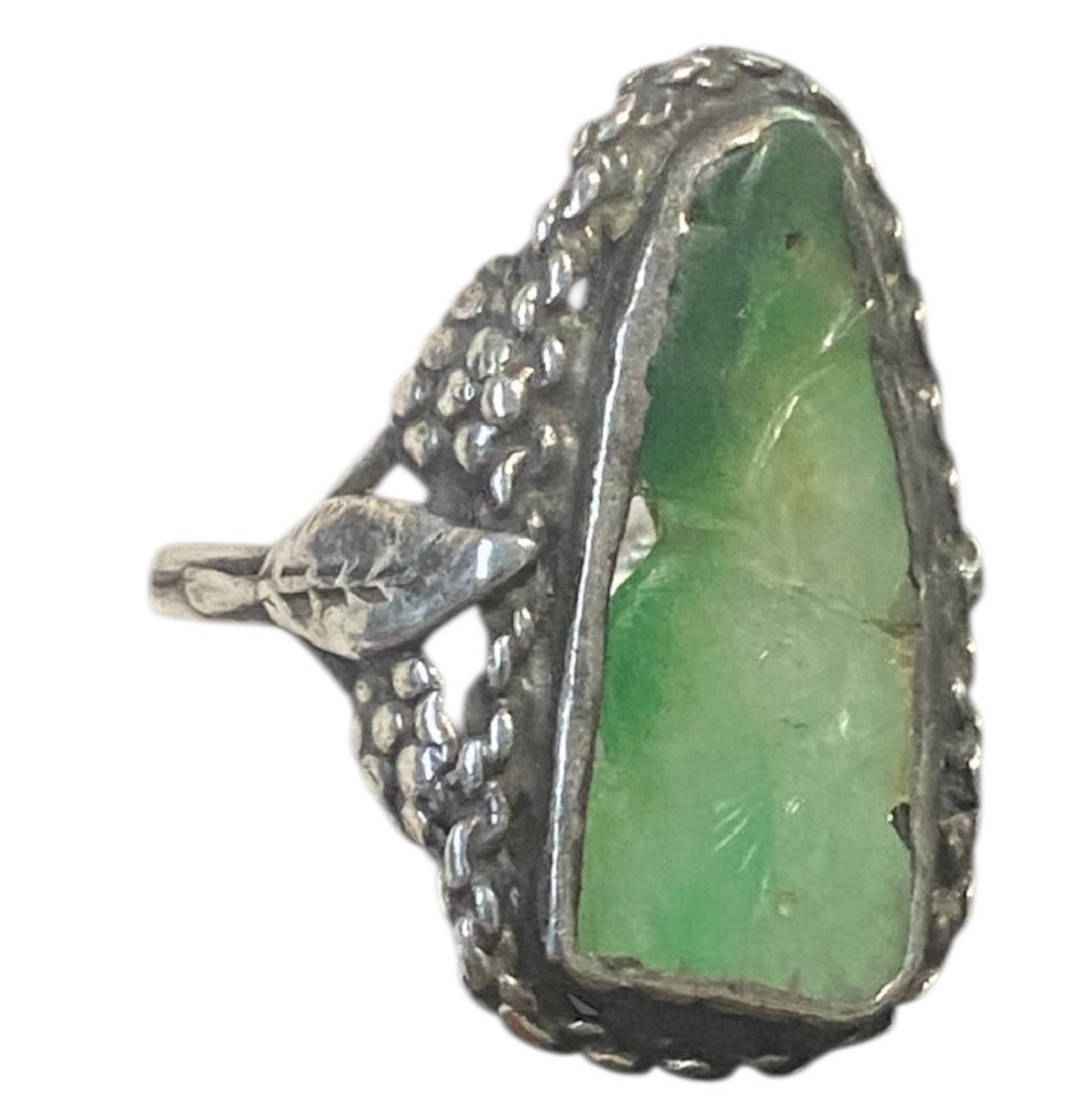Vintage Chinese Export Silver Jade Ring Carved Stone Filigree Setting
