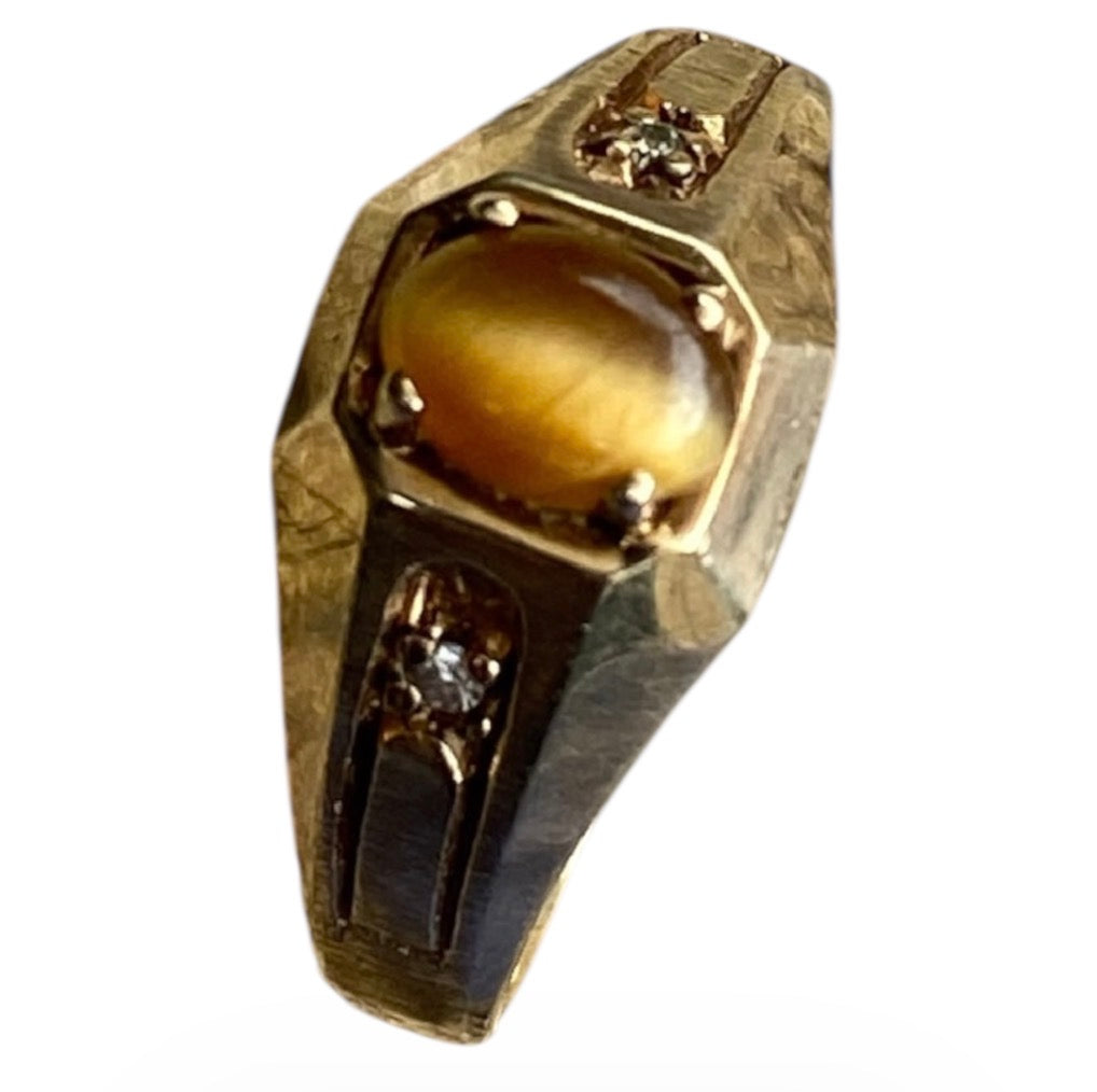 Vintage 10K Gold Tigers Eye Ring with Diamond Accents