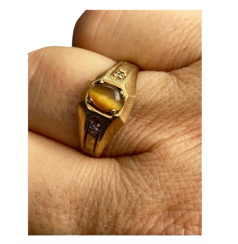 Vintage 10K Gold Tigers Eye Ring with Diamond Accents