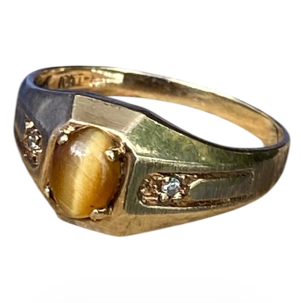 Vintage 10K Gold Tigers Eye Ring with Diamond Accents