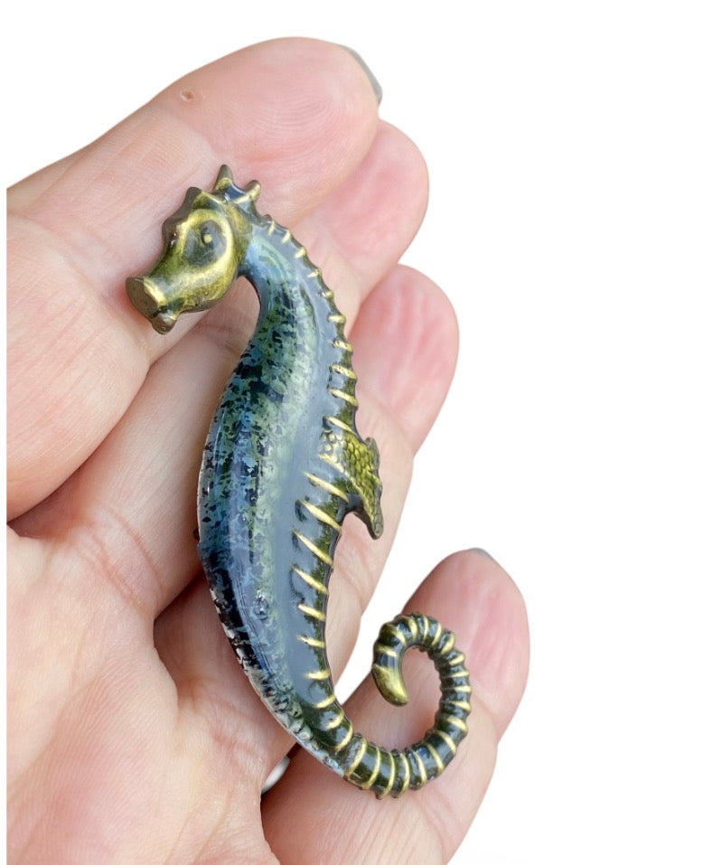 Vintage Seahorse Brooch Pin Brass Enamel Statement Jewelry 2.25 Inch