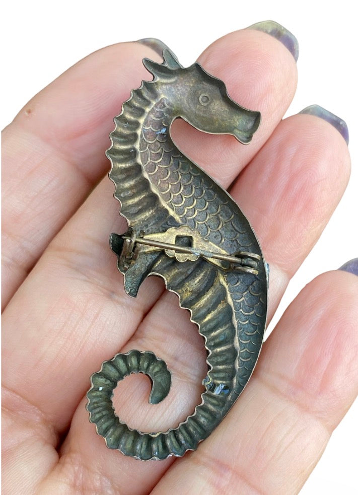 Vintage Seahorse Brooch Pin Brass Enamel Statement Jewelry 2.25 Inch