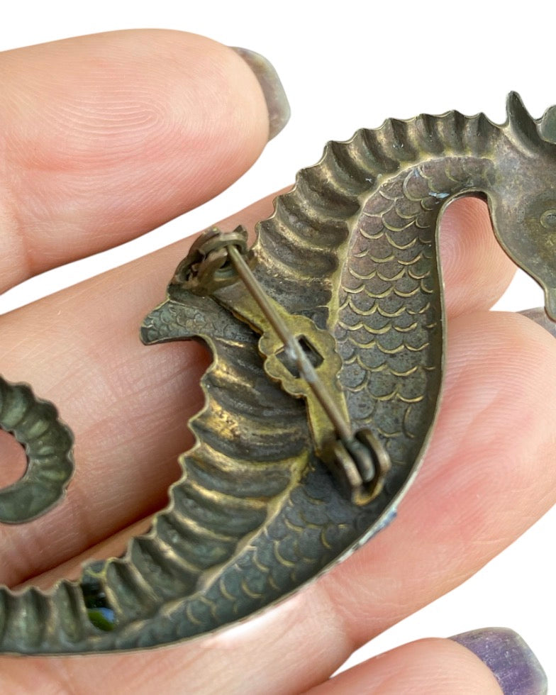 Vintage Seahorse Brooch Pin Brass Enamel Statement Jewelry 2.25 Inch
