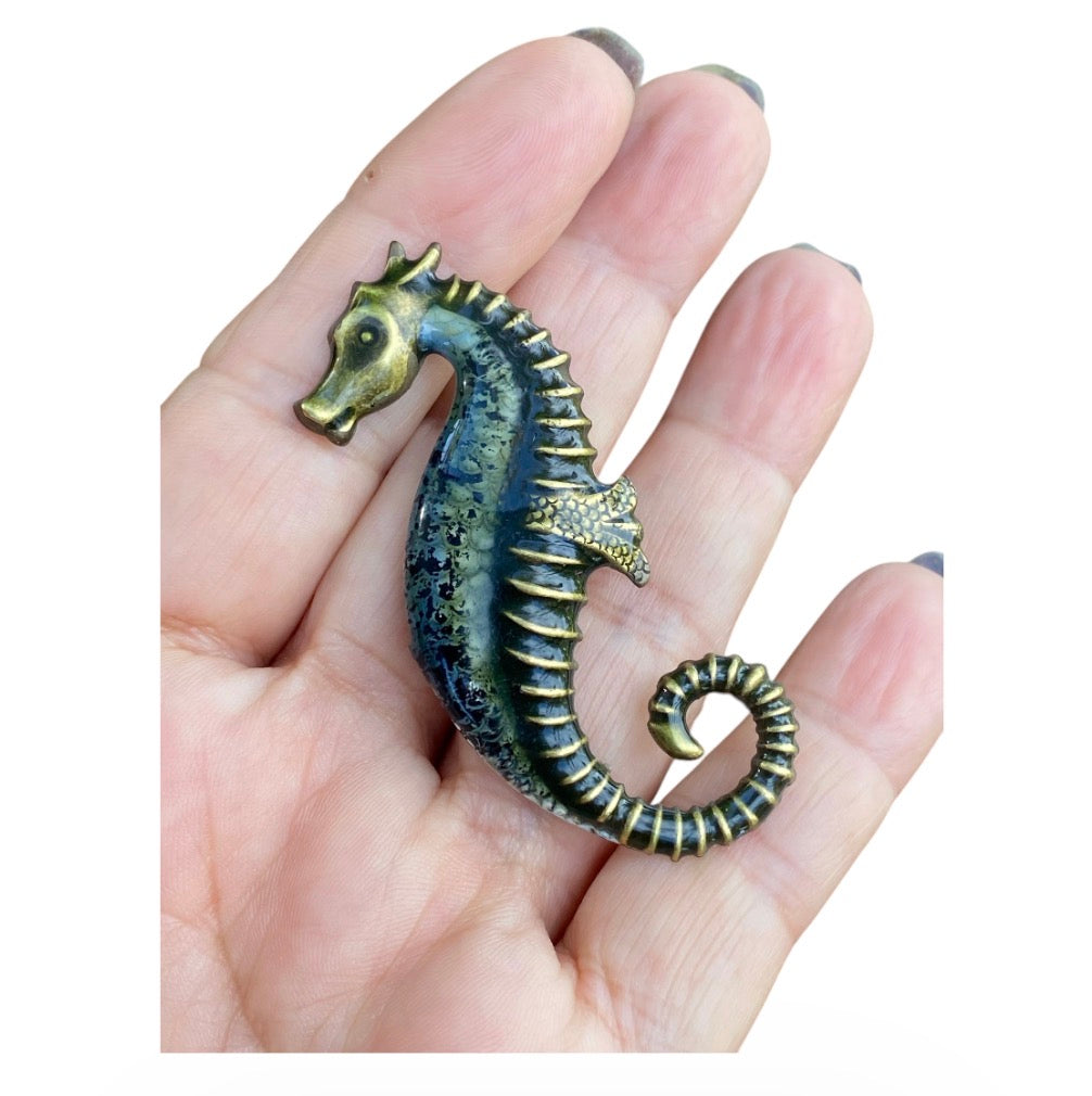 Vintage Seahorse Brooch Pin Brass Enamel Statement Jewelry 2.25 Inch