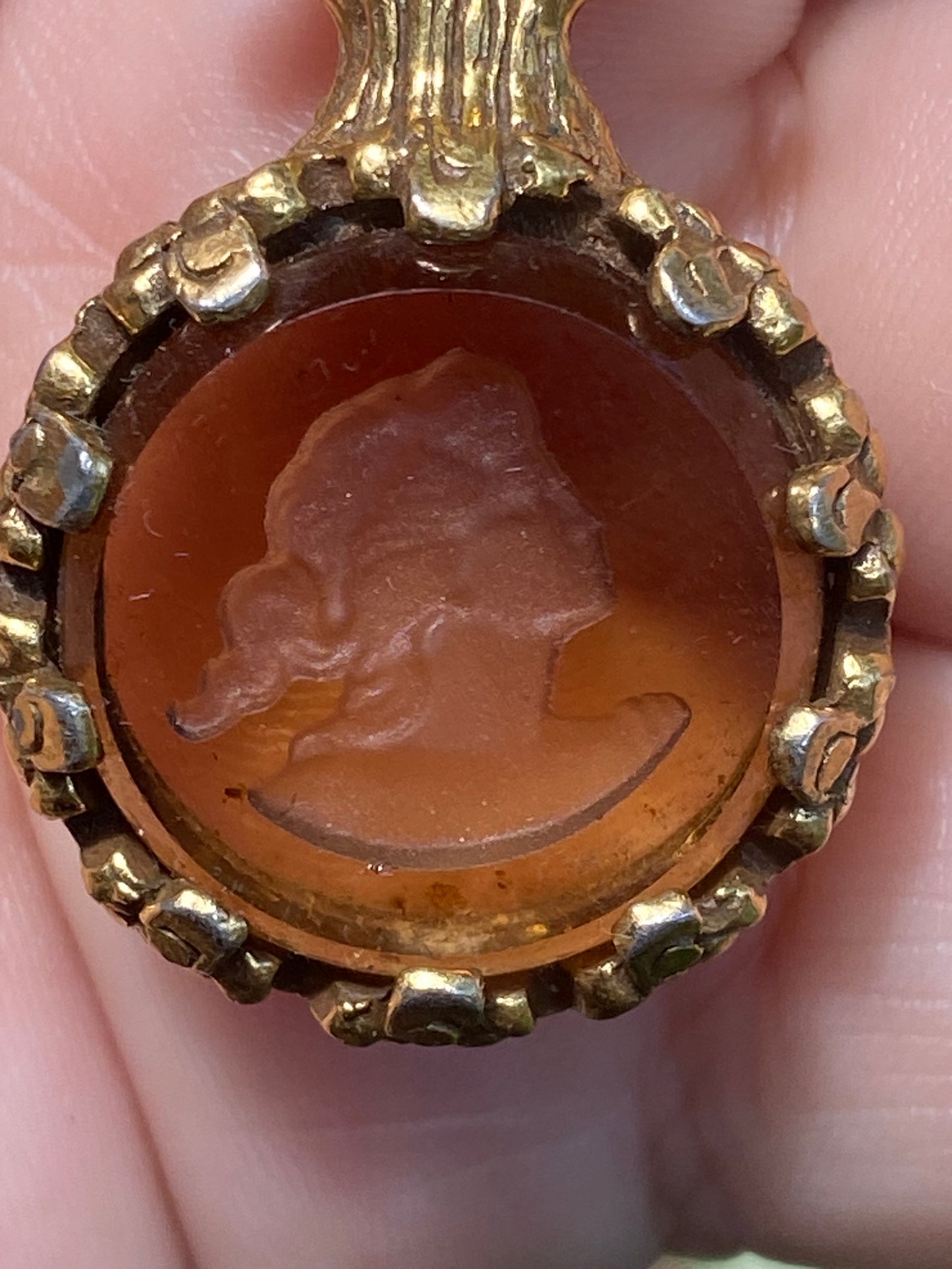 19th Century French Cameo Pendant Necklace – Smoky Quartz Intaglio, Antique Bronze Chain