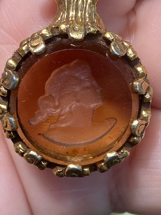 19th Century French Cameo Pendant Necklace – Smoky Quartz Intaglio, Antique Bronze Chain