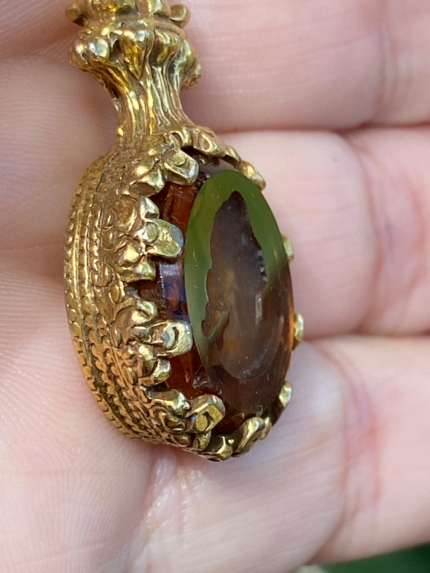 19th Century French Cameo Pendant Necklace – Smoky Quartz Intaglio, Antique Bronze Chain