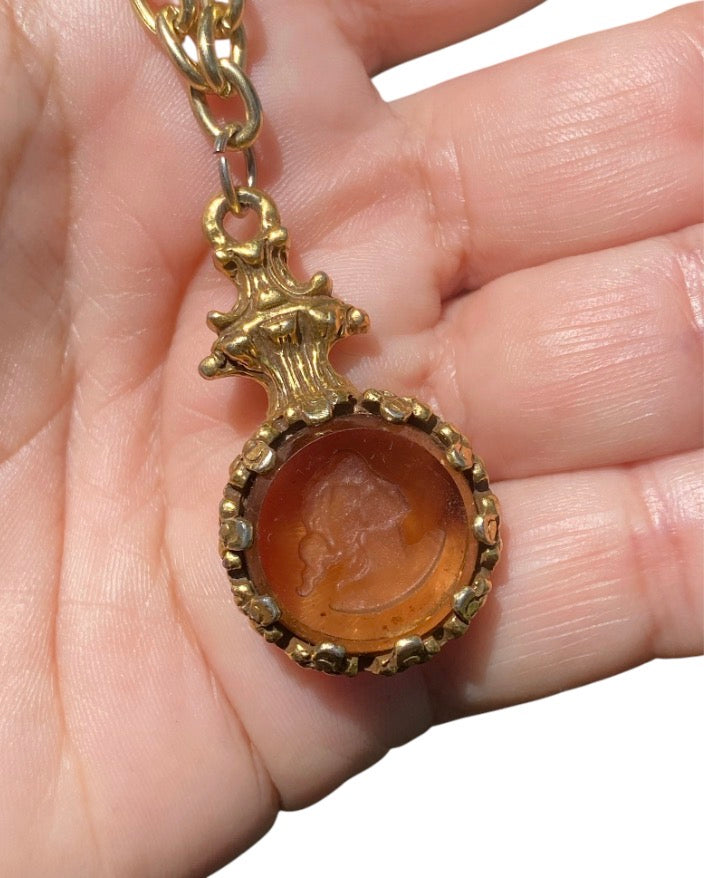 19th Century French Cameo Pendant Necklace – Smoky Quartz Intaglio, Antique Bronze Chain