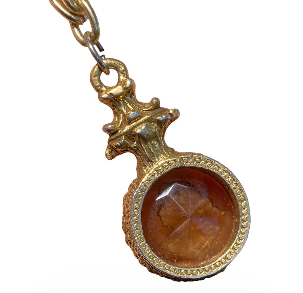 19th Century French Cameo Pendant Necklace – Smoky Quartz Intaglio, Antique Bronze Chain