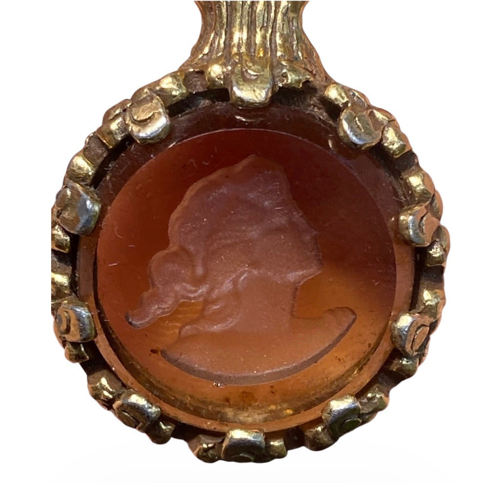 19th Century French Cameo Pendant Necklace – Smoky Quartz Intaglio, Antique Bronze Chain