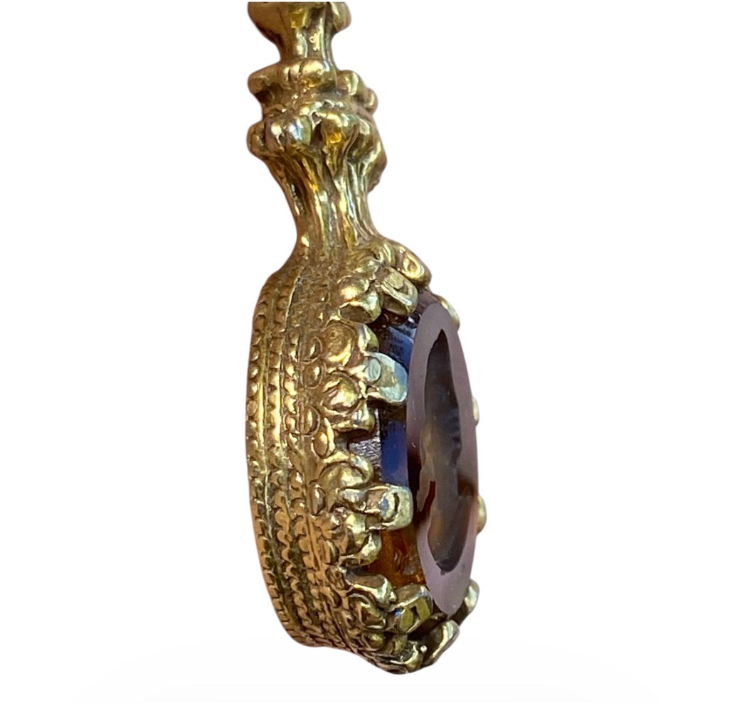 19th Century French Cameo Pendant Necklace – Smoky Quartz Intaglio, Antique Bronze Chain