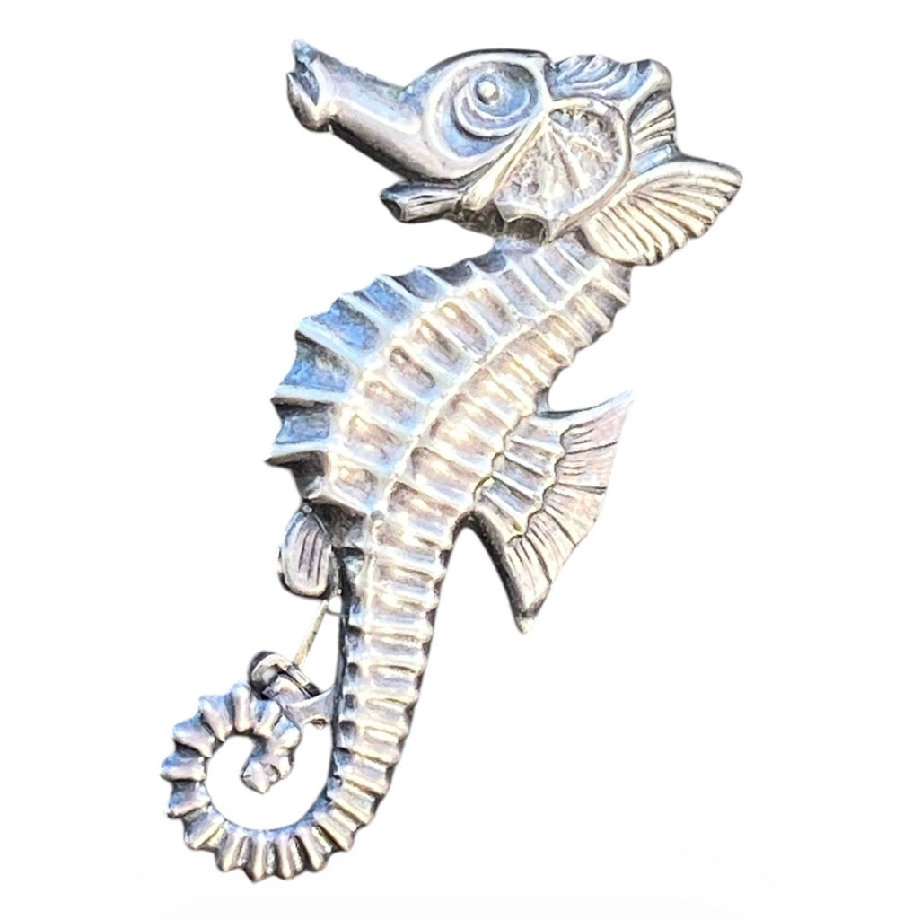 Vintage Sterling Silver Seahorse Brooch Mid Century Nautical Ocean Jewellery