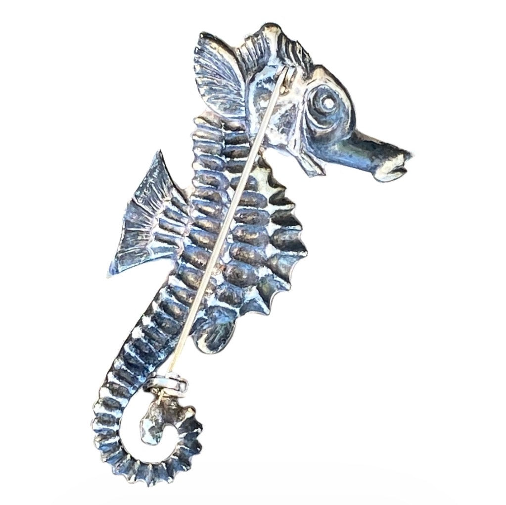 Vintage Sterling Silver Seahorse Brooch Mid Century Nautical Ocean Jewellery