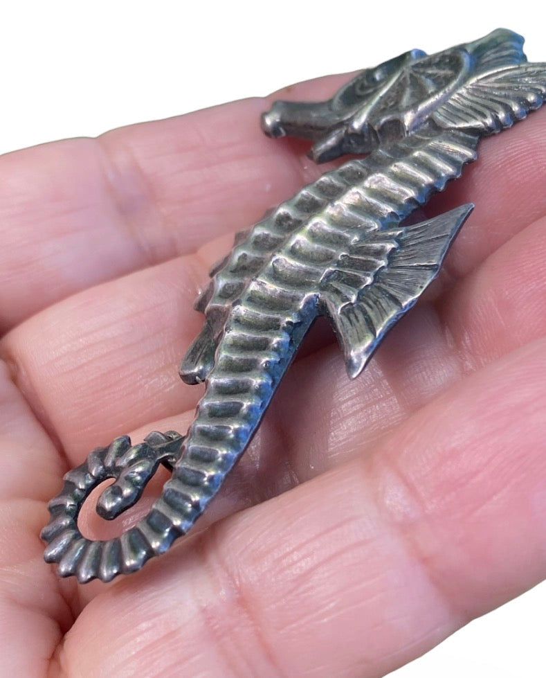 Vintage Sterling Silver Seahorse Brooch Mid Century Nautical Ocean Jewellery