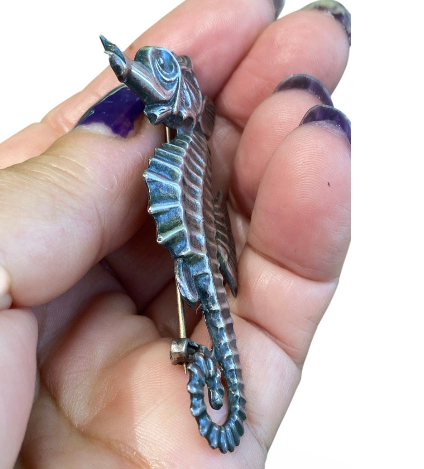 Vintage Sterling Silver Seahorse Brooch Mid Century Nautical Ocean Jewellery
